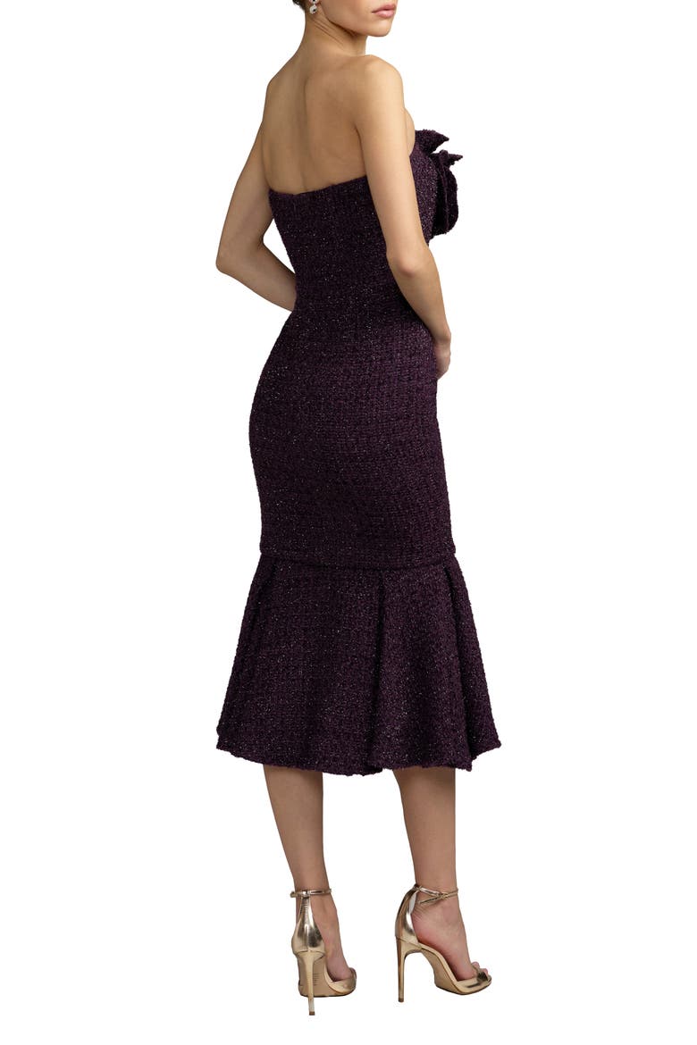 Strapless Boucle Midi Dress With 3D Flower, Alternate, color, Aubergine