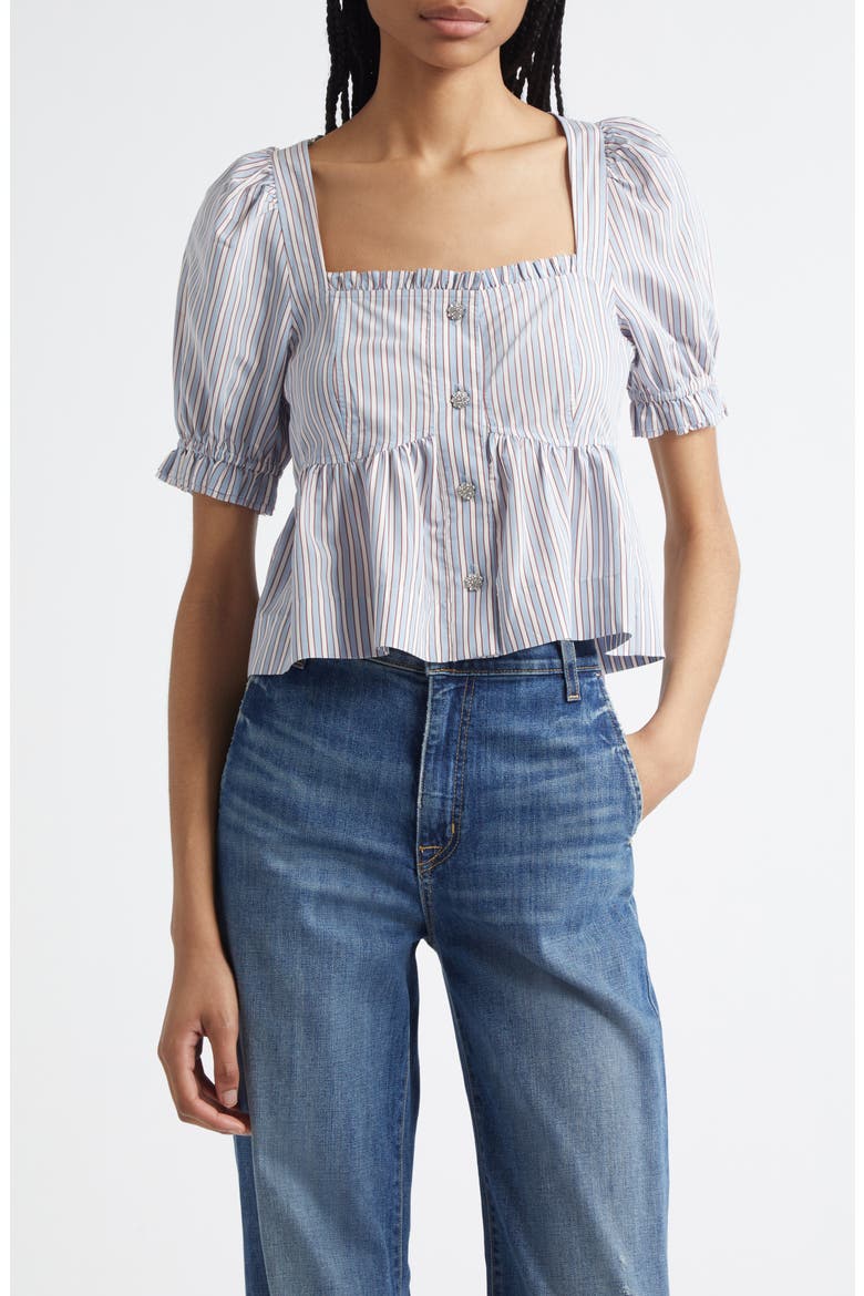 Yarn Dye Flounce Puff Sleeve Top, Main, color, SOFT CHAMBRAY
