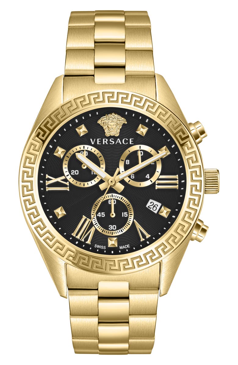 Versace Greca Chronograph Bracelet Watch, 40mm, Main, color, Ip Yellow Gold