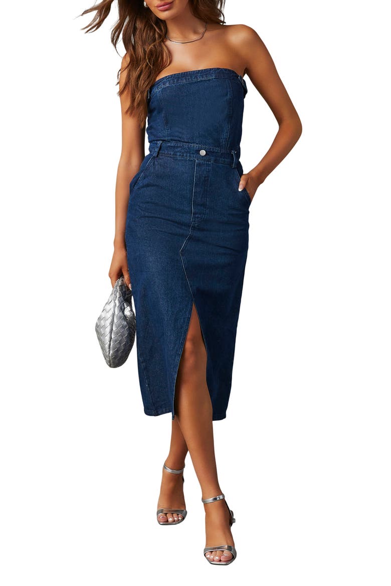 Edgy Era Strapless Denim Dress, Main, color, DARK DENIM