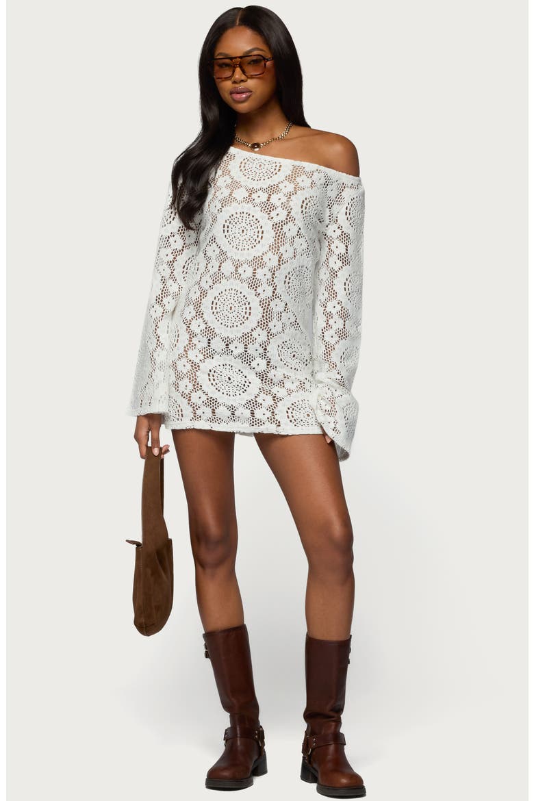 Sheer Lace One-Shoulder Long Sleeve Minidress, Alternate, color, WHITE