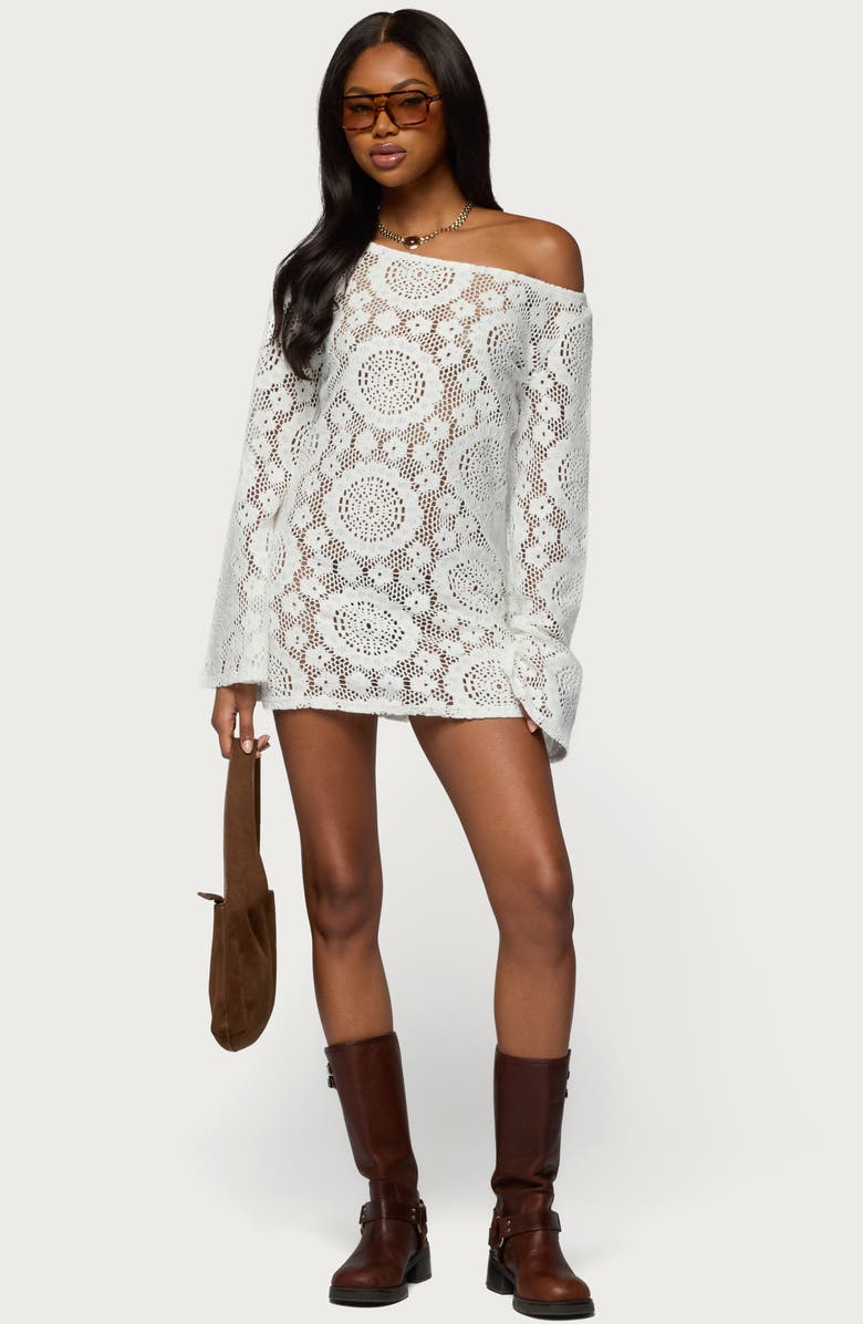 EDIKTED Sheer Lace One-Shoulder Long Sleeve Minidress, Alternate, color, White