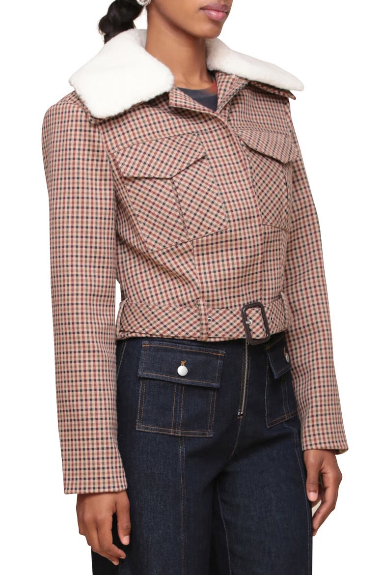 Padded Shoulder Belted Faux Shearling Collar Crop Jacket, Alternate, color, BROWN/ BURGUNDY PLAID