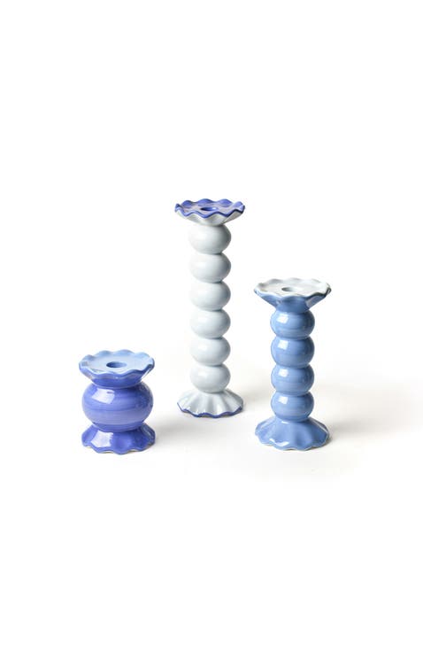 Iris Blue Knobbed Candle Holder with Ruffle 3 Piece Set