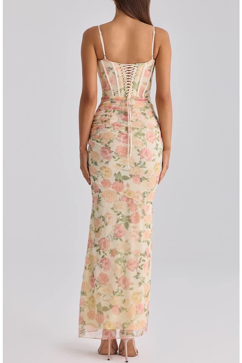 Calista Floral Print Corset Sleeveless Gown, Alternate, color, PEACH FLORAL