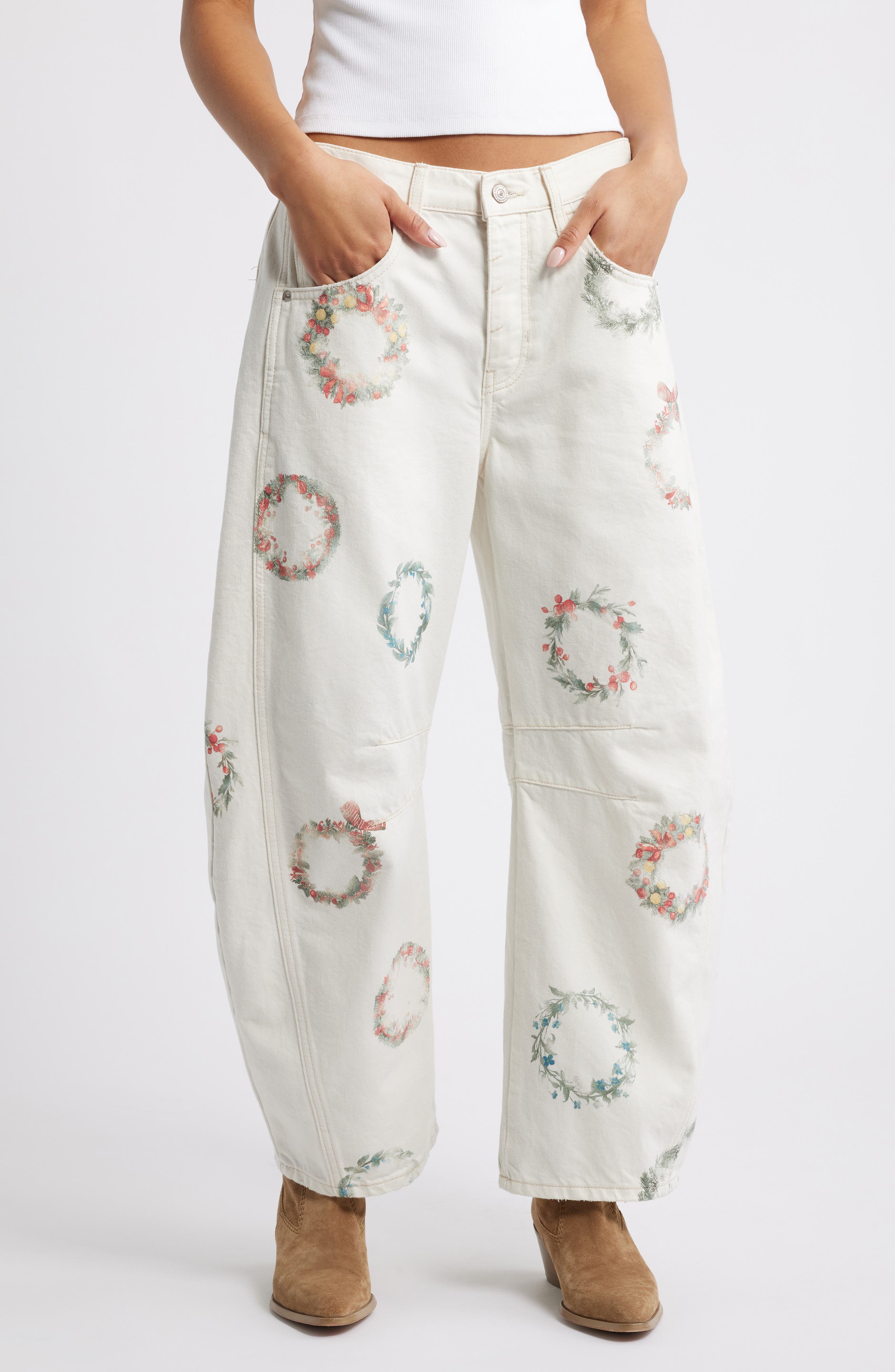 Free People Good Luck Floral Print Barrel Jeans