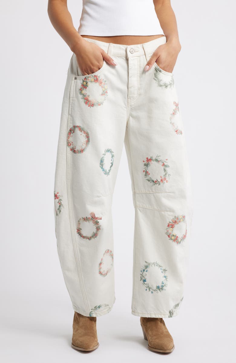 Free People Good Luck Floral Print Barrel Jeans, Main, color, Watercolor Wreath