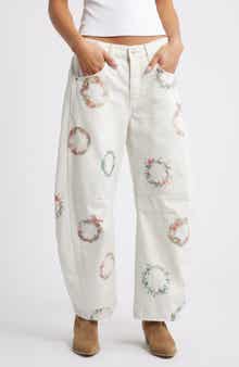 Free People Good Luck Floral Print Barrel Jeans
