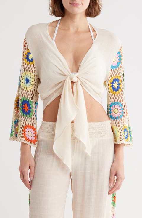 Crochet Long Sleeve Tie Front Cover-Up Top