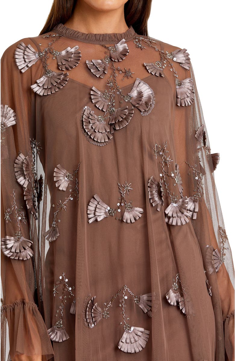 Mac Duggal Embellished Long Sleeve Trapeze Dress with Ruffle Hem, Alternate, color, Chocolate