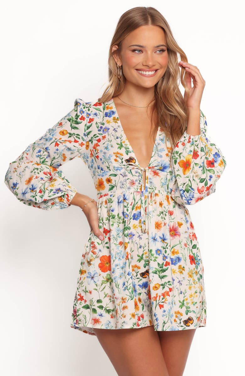 Petal & Pup Irisa Long Sleeve Cotton & Linen Romper, Alternate, color, Garden Floral