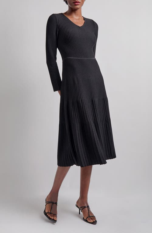 Shop Misook Long Sleeve Rib Fit & Flare Midi Dress In Black