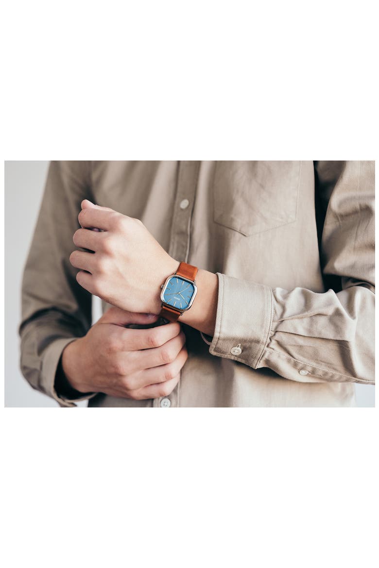 Visser Square Leather Strap Watch, 35mm, Alternate, color, BROWN/ BLUE/ SILVER
