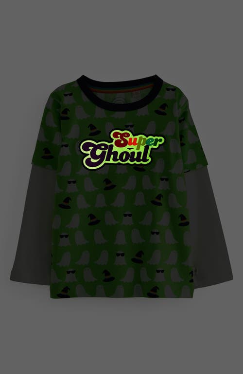 Little Bird Kids' Super Ghoul Long Sleeve Layered Look Cotton Graphic T-shirt In Green