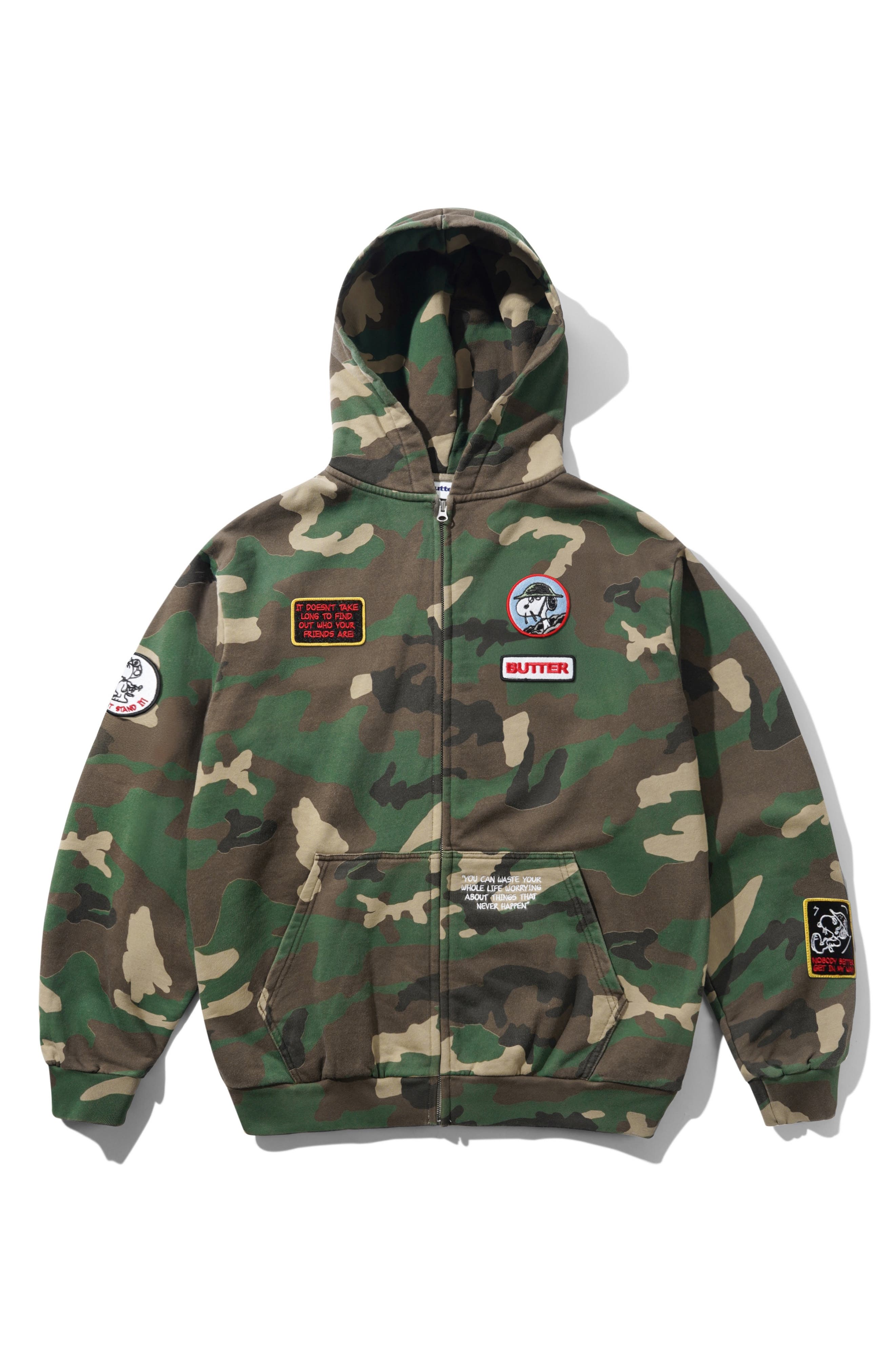 Butter Goods Peanuts® Snoopy Patch Accent Camo Print Cotton Zip-Up Hoodie in Washed Camo 