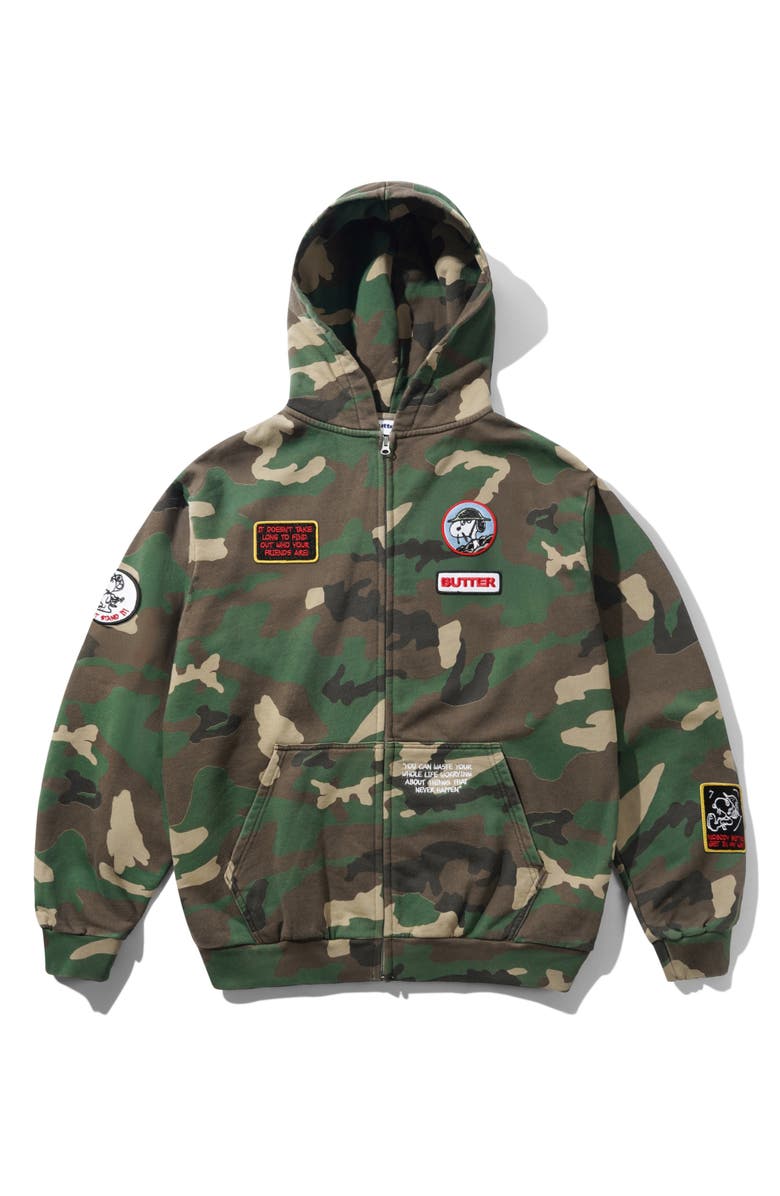 Butter Goods Peanuts<sup>®</sup> Snoopy Patch Accent Camo Print Cotton Zip-Up Hoodie, Main, color, 