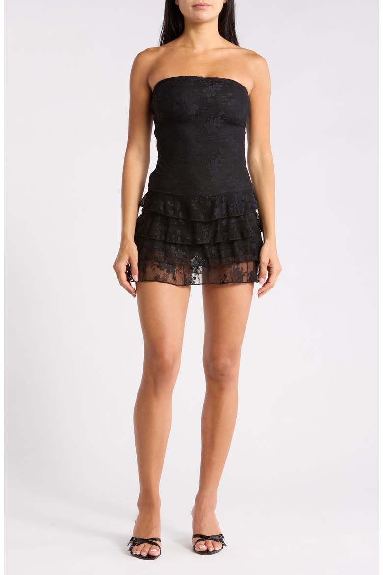 So Gorgeous Strapless Tiered Romper, Main, color, BLACK