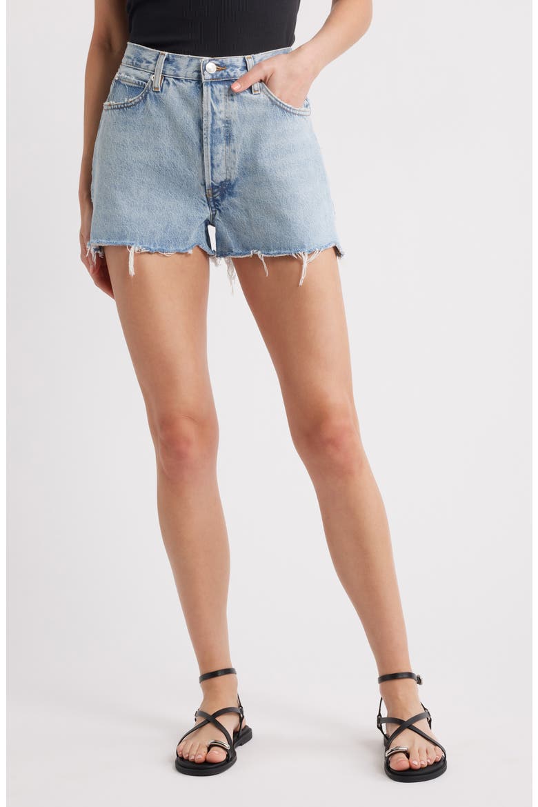 The Dare High Waist Denim Cutoff Shorts, Main, color, REASON