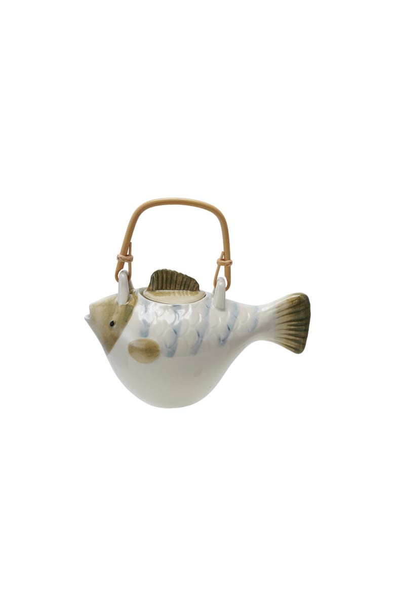 Storied Home Stoneware Fish Shaped Teapot with Metal Strainer and Wrapped Handle, Main, color, White