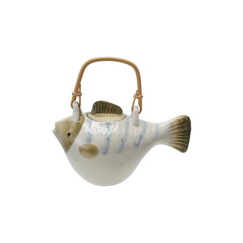 Stoneware Fish Shaped Teapot with Metal Strainer and Wrapped Handle