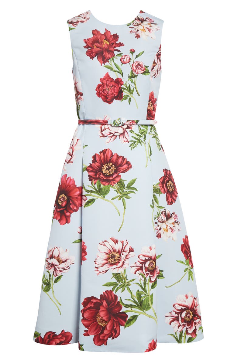 Oscar de la Renta Peony Print Sleeveless Faille Fit & Flare Dress, Alternate, color, Blue Quartz Multi