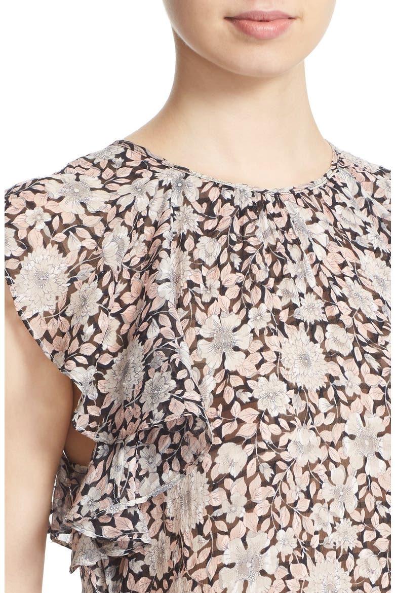 Floral Print Ruffle Sleeve Silk Top, Alternate, color, BLACK/ CAMEO