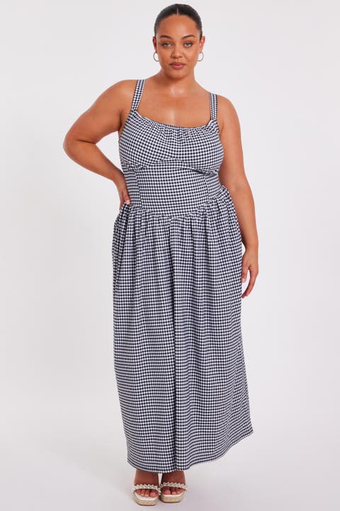 Plus Size Gingham Drop Waist Maxi Dress
