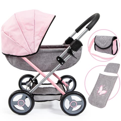 4 in 1 Toy Baby Doll Pram Stroller Cosy Set - Dolls Up to 18 Inch (Pink/Grey)