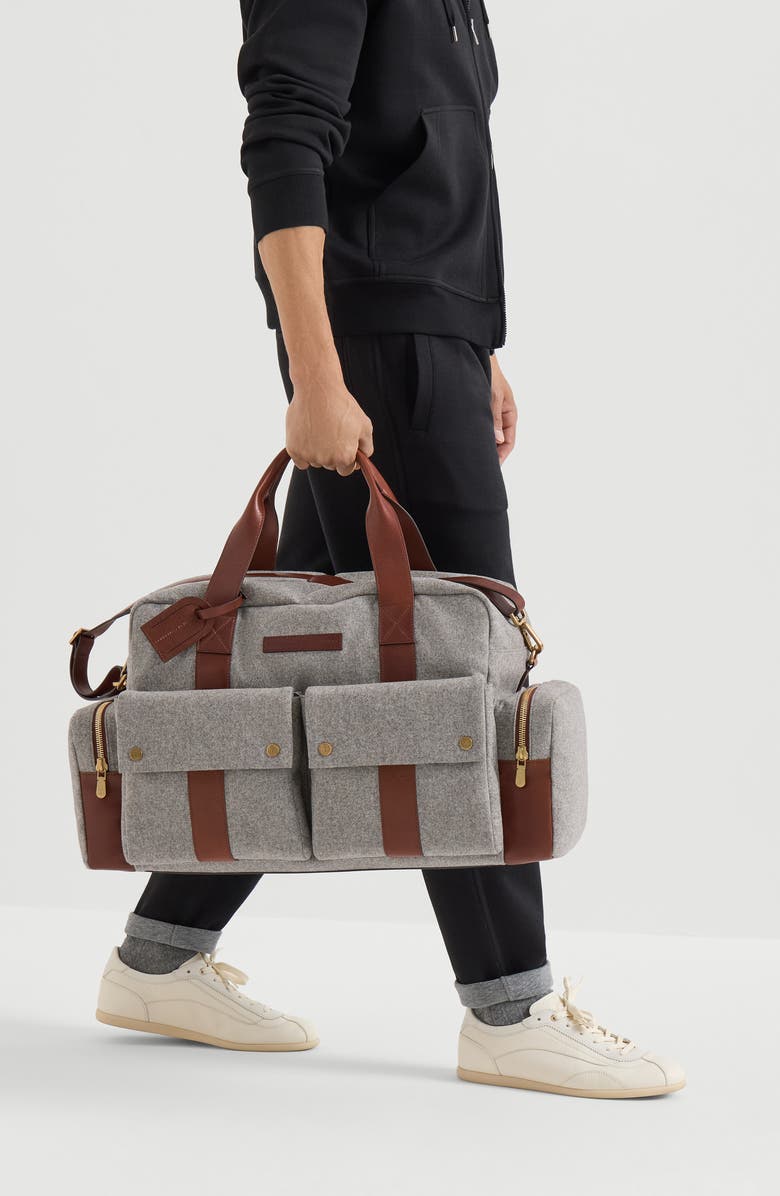 Brunello Cucinelli Virgin wool, alpaca and cashmere flannel leisure bag with grained calfskin inserts, Alternate, color, Medium Grey