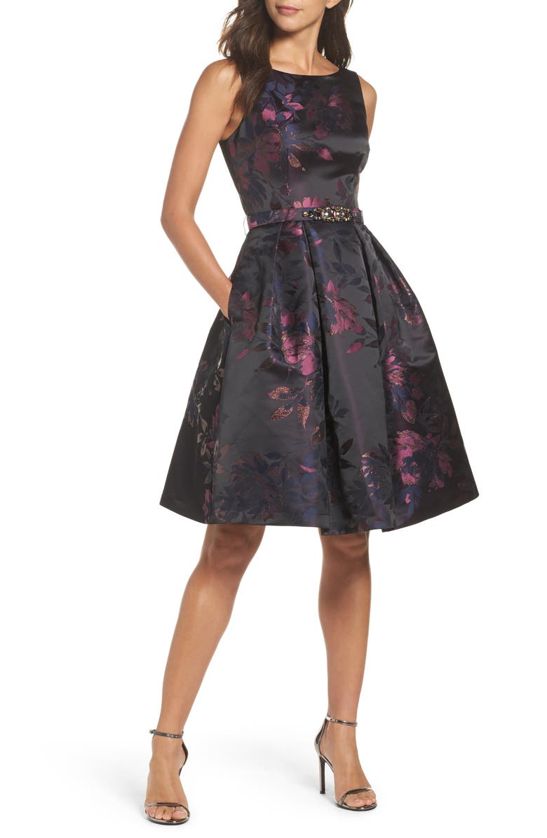 Eliza J Brocade Fit & Flare Dress, Main, color, 