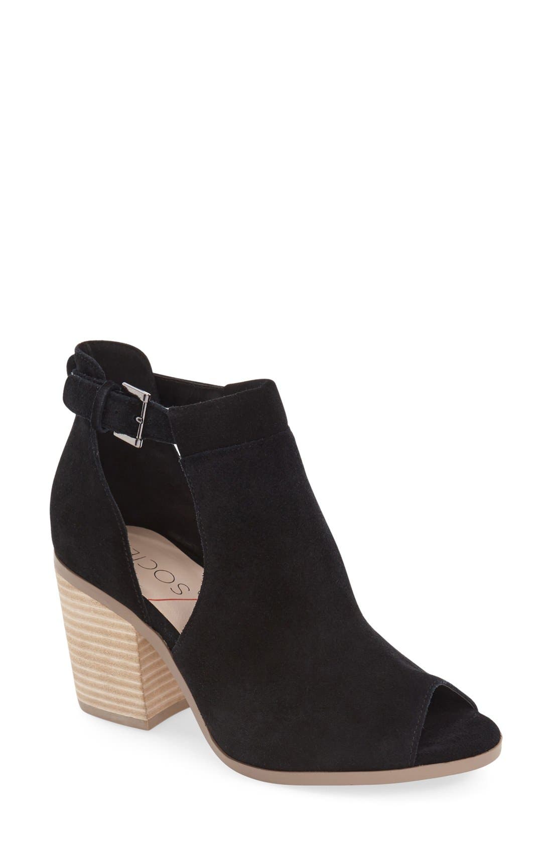 'Ferris' Open Toe Bootie, Main, color, BLACK SUEDE