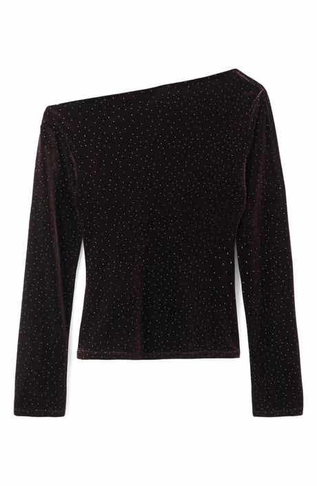 MANGO Asymmetric Off the Shoulder Velvet Top