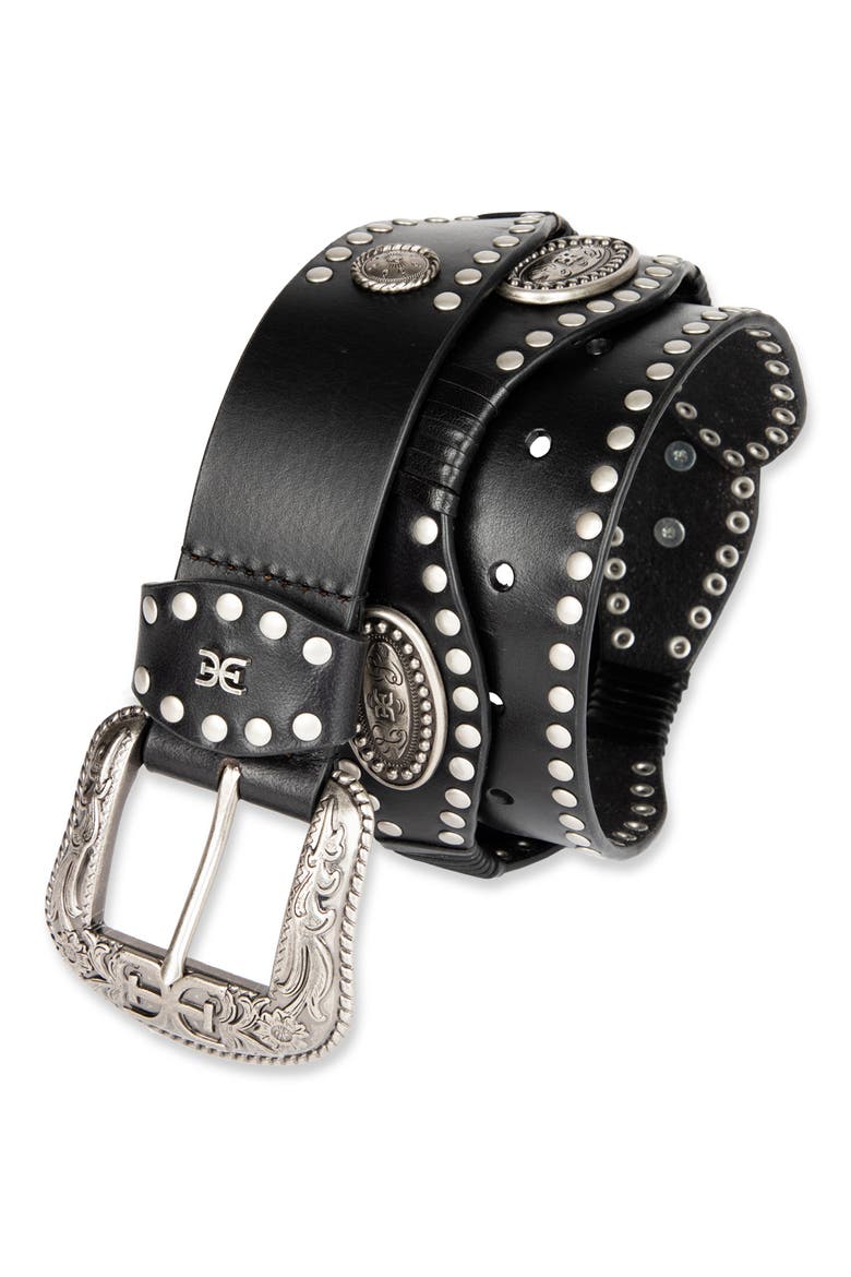 Studded Scallop Leather Belt, Alternate, color, BLACK