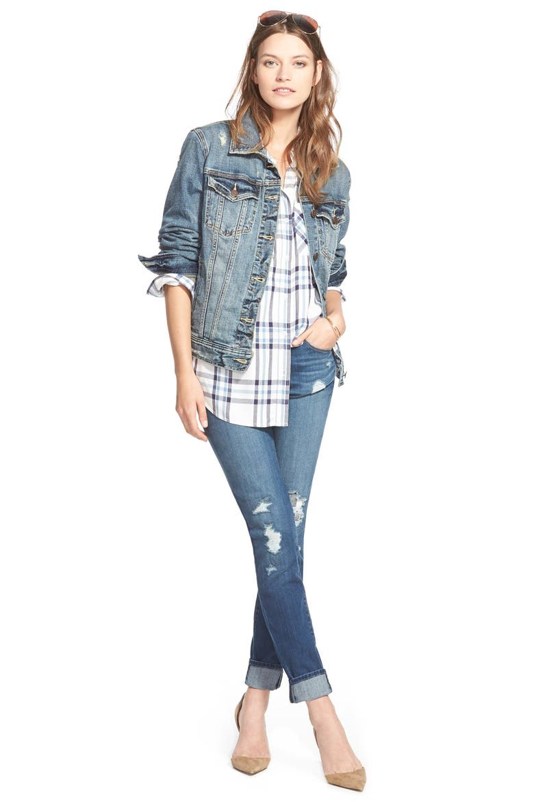 Treasure&Bond Plaid Patch Destroyed Skinny Jeans, Alternate, color, RANCHER RAIN DUSK RIP N REPAIR