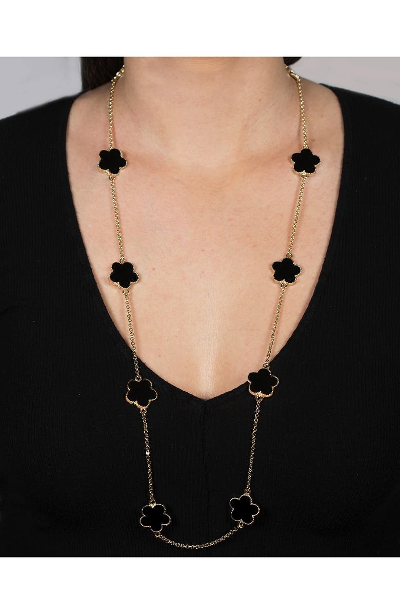 JARDIN Enamel Clover Station Chain Long Necklace, Alternate, color, Black/ Gold