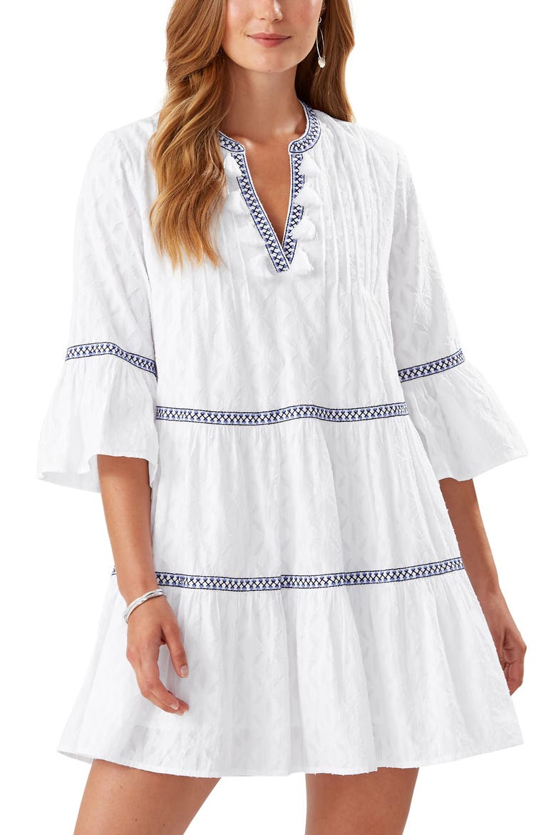 Embroidered Tiered Cotton Dress, Main, color, WHITE