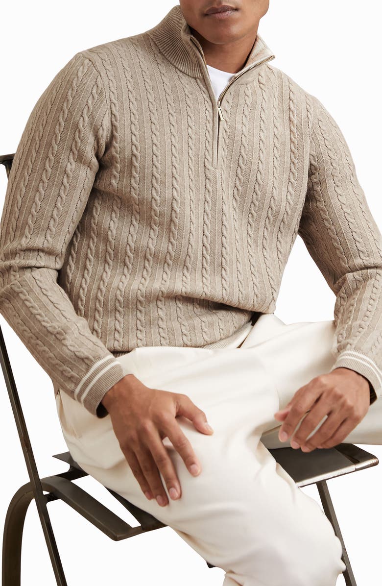 Reiss Tuscano Cable Quarter Zip Sweater, Alternate, color, Oatmeal Brown
