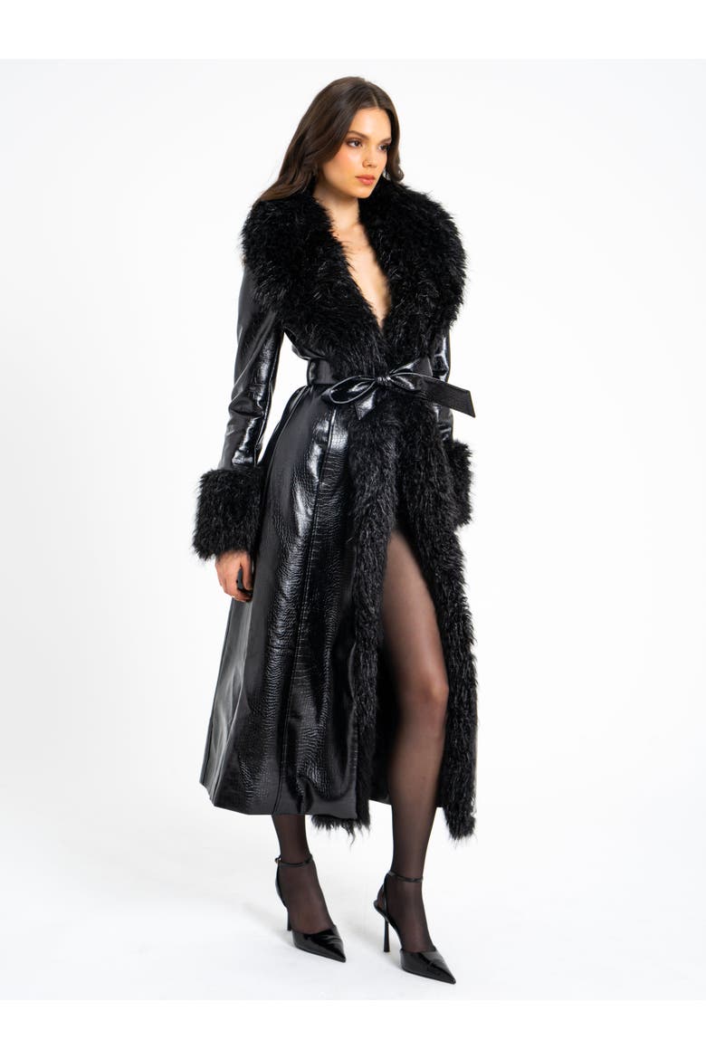 Zella Longline Vegan Croc Leather Coat with Fur Trim, Alternate, color, Black