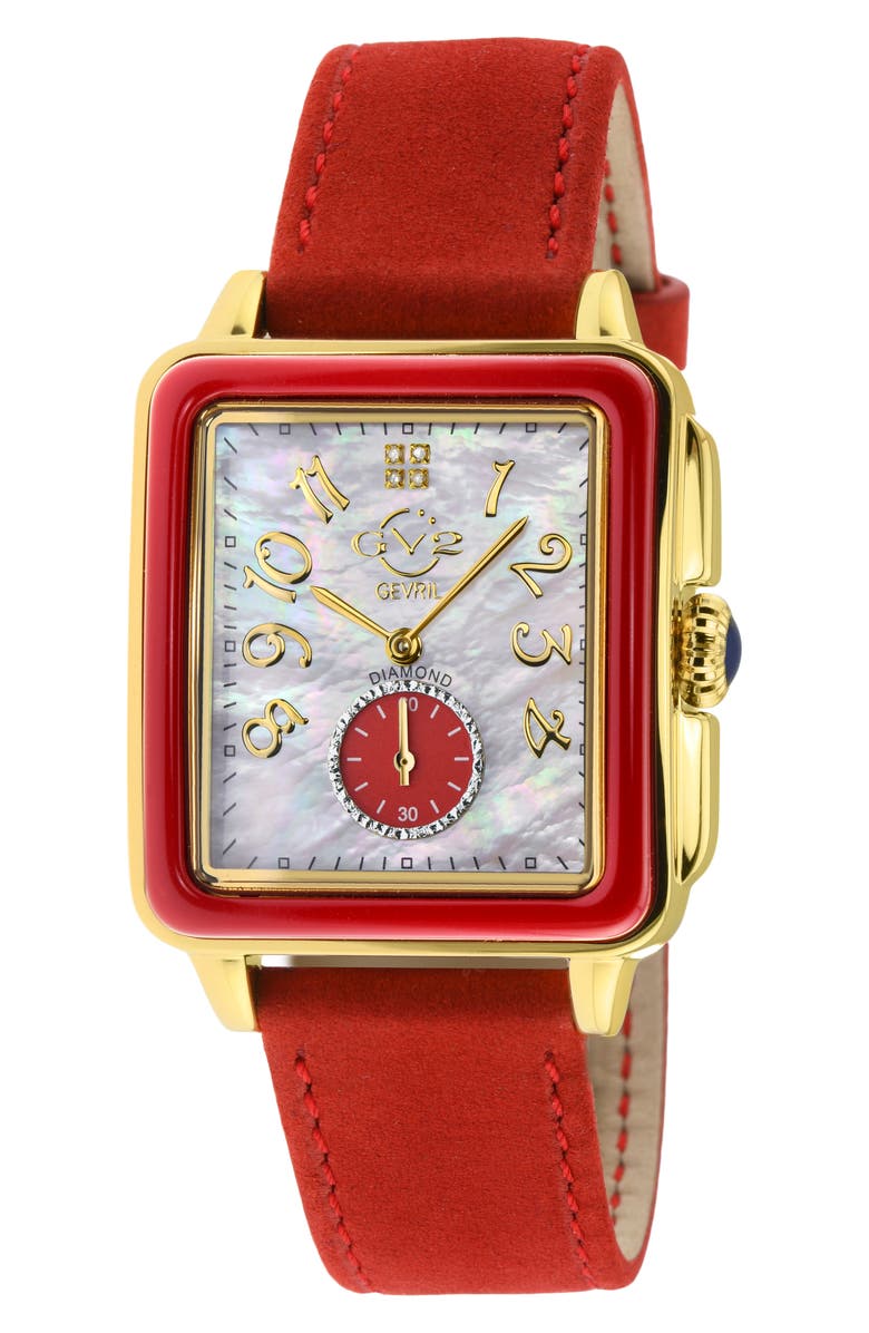 GV2 Women's Bari Enamel with Diamond Dial Leather Strap Watch, 37mm, Main, color, Red