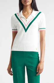 ST. JOHN Diagonal Texture V-Stripe Polo Sweater