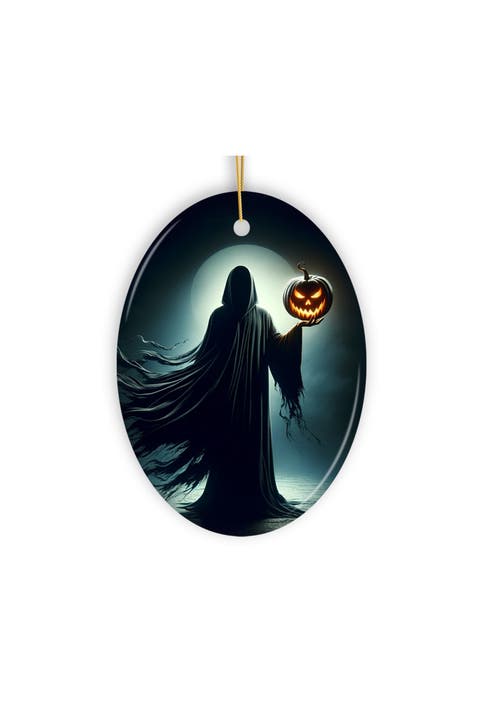 Pumpkin Reaper Hooded Figure Oval Ceramic Ornament