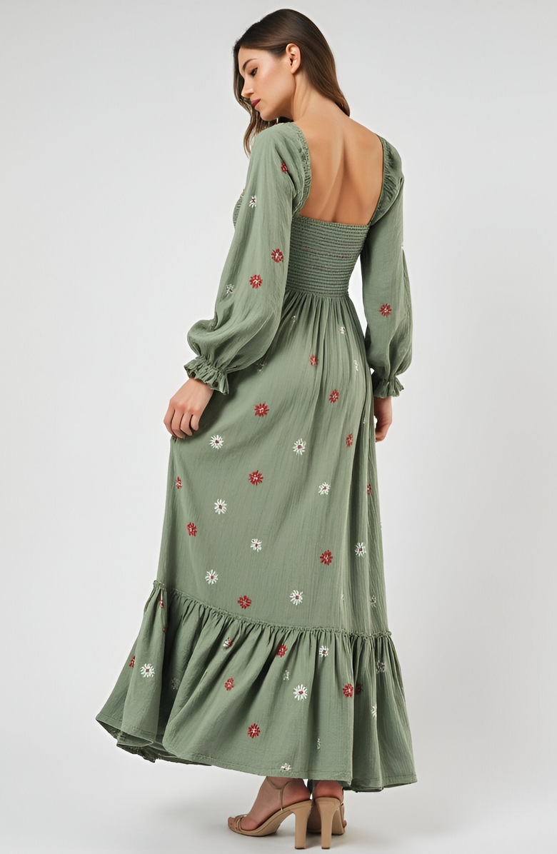 Modenaire Floral-Embroidered Smocked Tiered Open-Back Maxi Dress, Alternate, color, Floral
