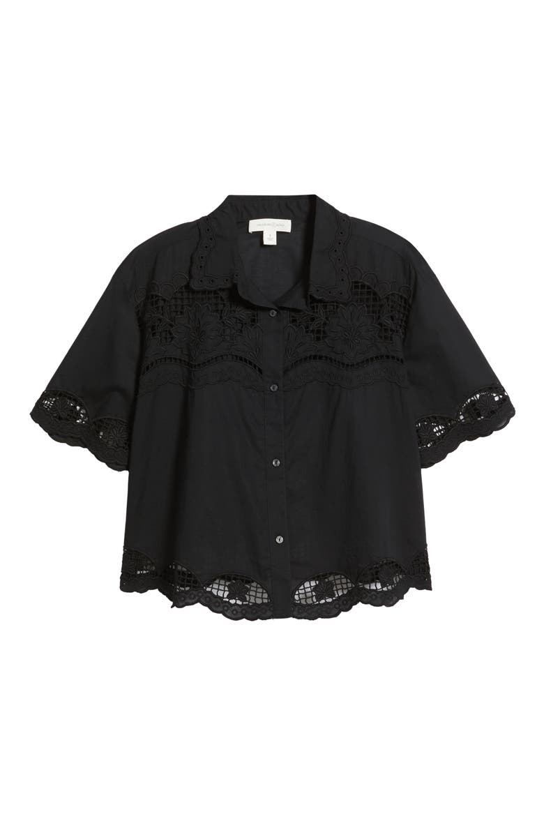Embroidered Cutwork Cotton Camp Shirt, Alternate, color, BLACK