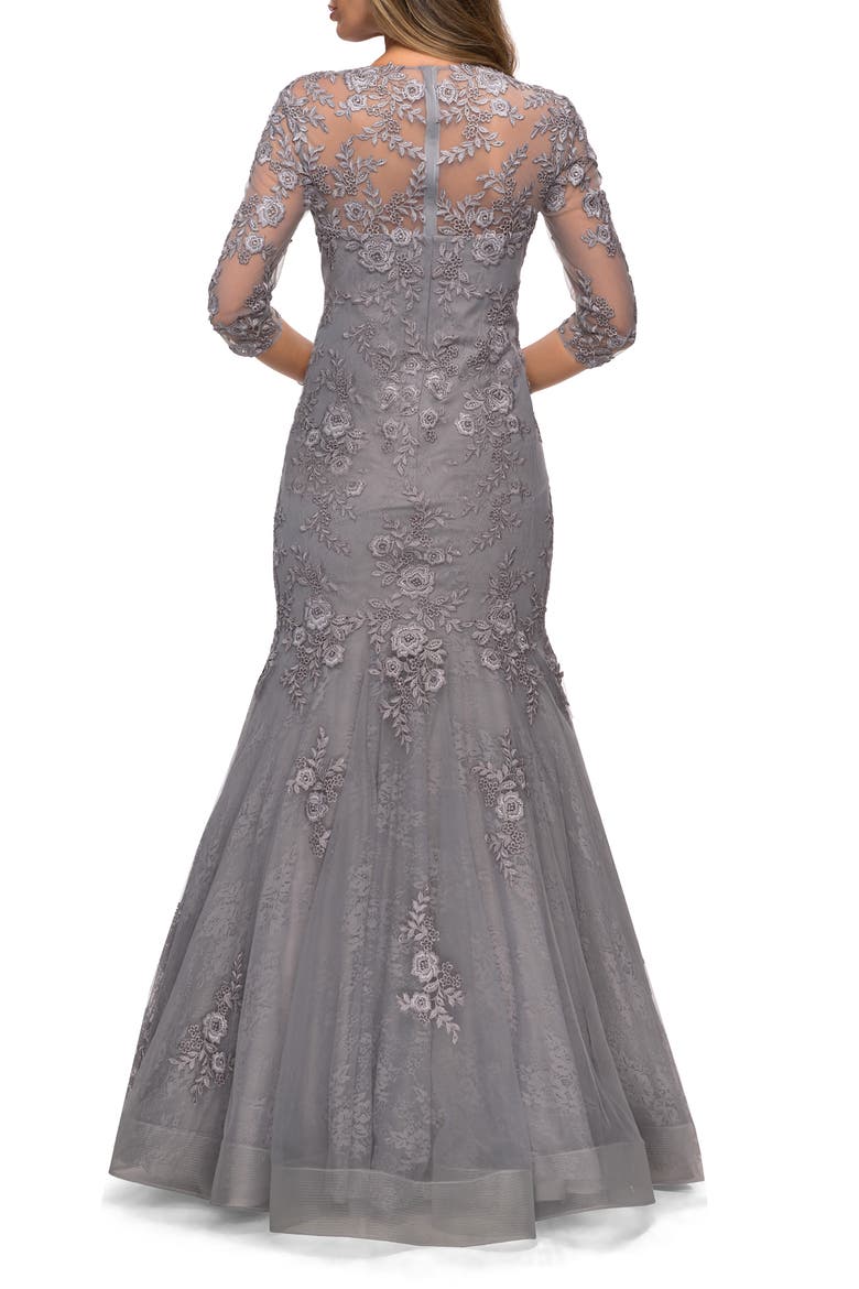 Long Lace Mermaid Gown with Square Neckline, Alternate, color, Silver