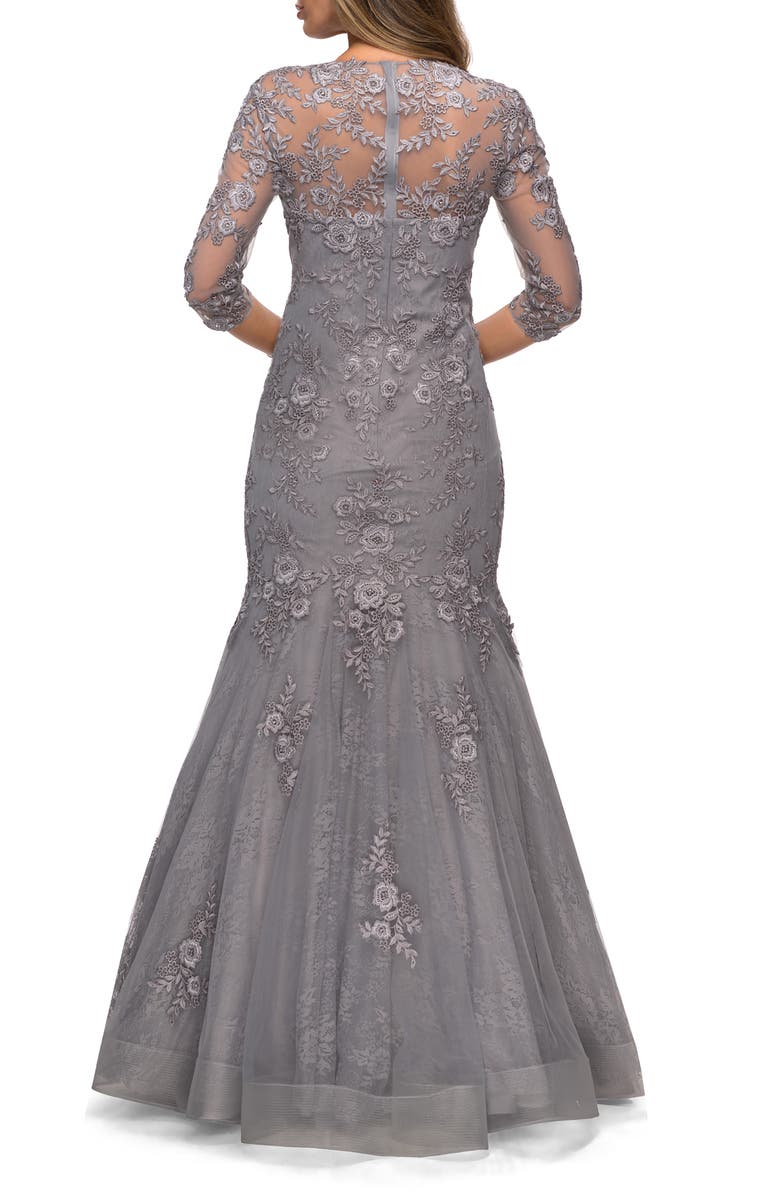 La Femme Long Lace Mermaid Gown with Square Neckline, Alternate, color, Silver