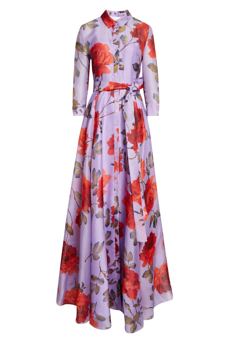 Rose Print Silk Organza Trench Gown, Alternate, color, VIOLETA MULTI