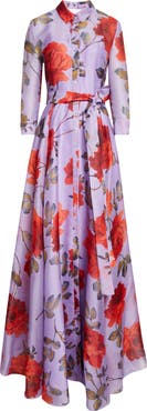 Carolina Herrera Rose Print Silk Organza Trench Gown