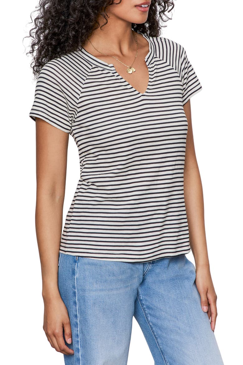 Stripe Notch V-Neck Cotton Blend T-Shirt, Alternate, color, LIGHT OAT/ BLACK STRIPE