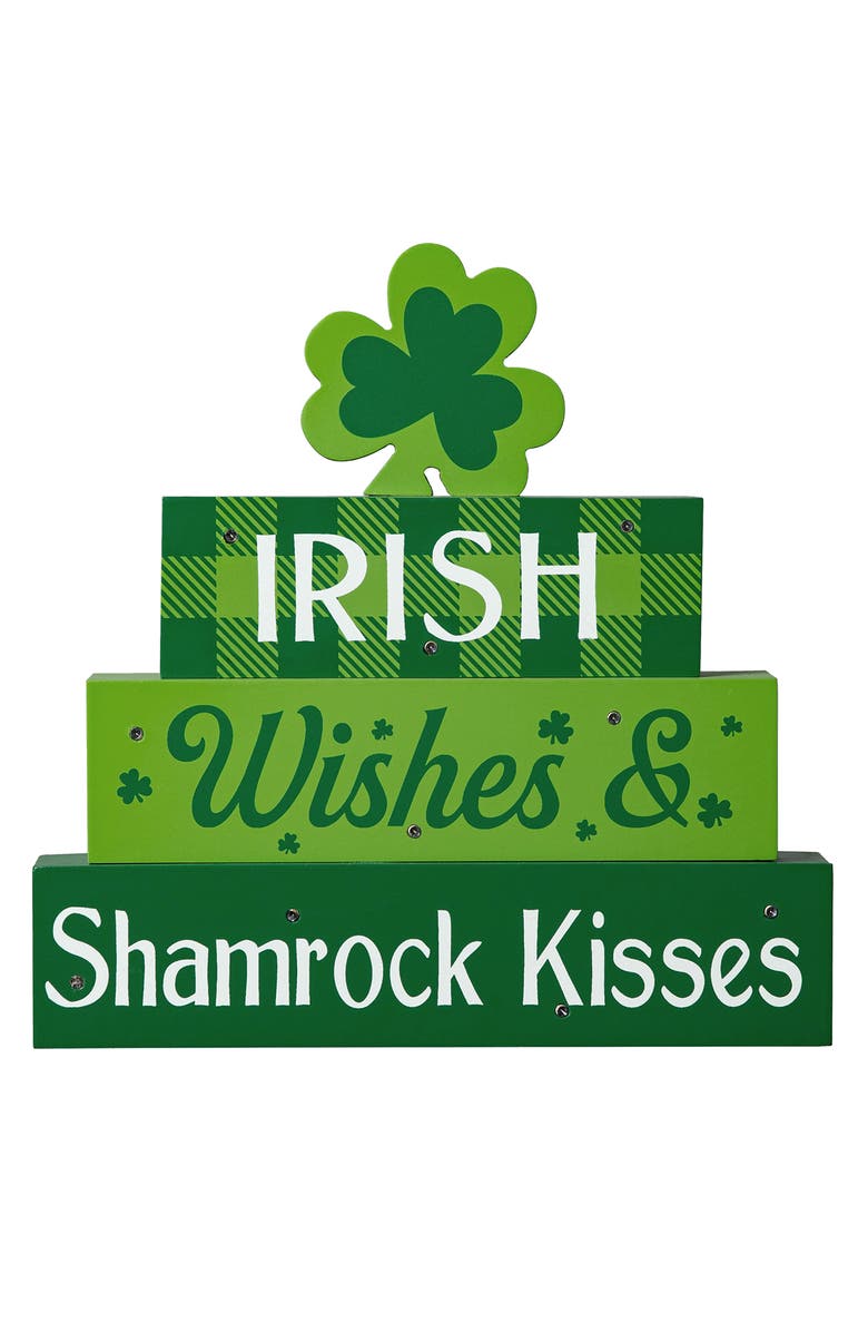 Glitzhome 11.5"H Lighted St. Patrick's Wooden Block Table Sign, Alternate, color, Green