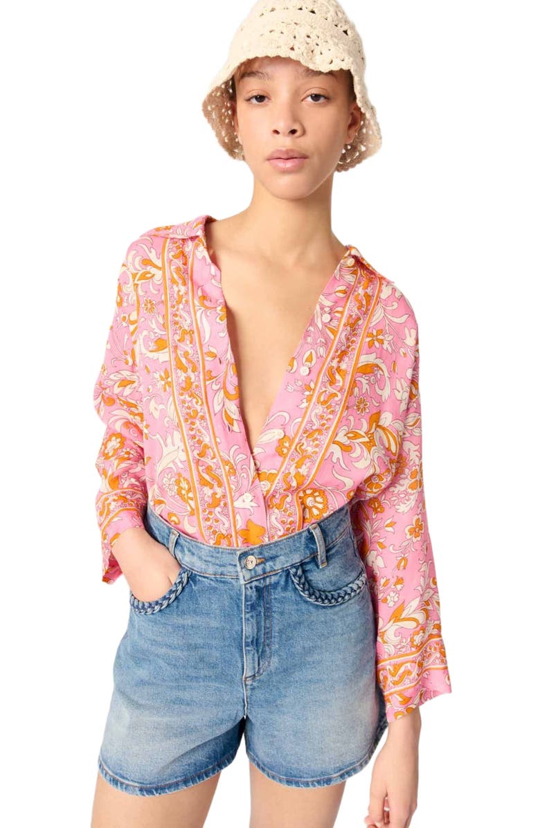 maje Denim shorts with braided trim, Alternate, color, 